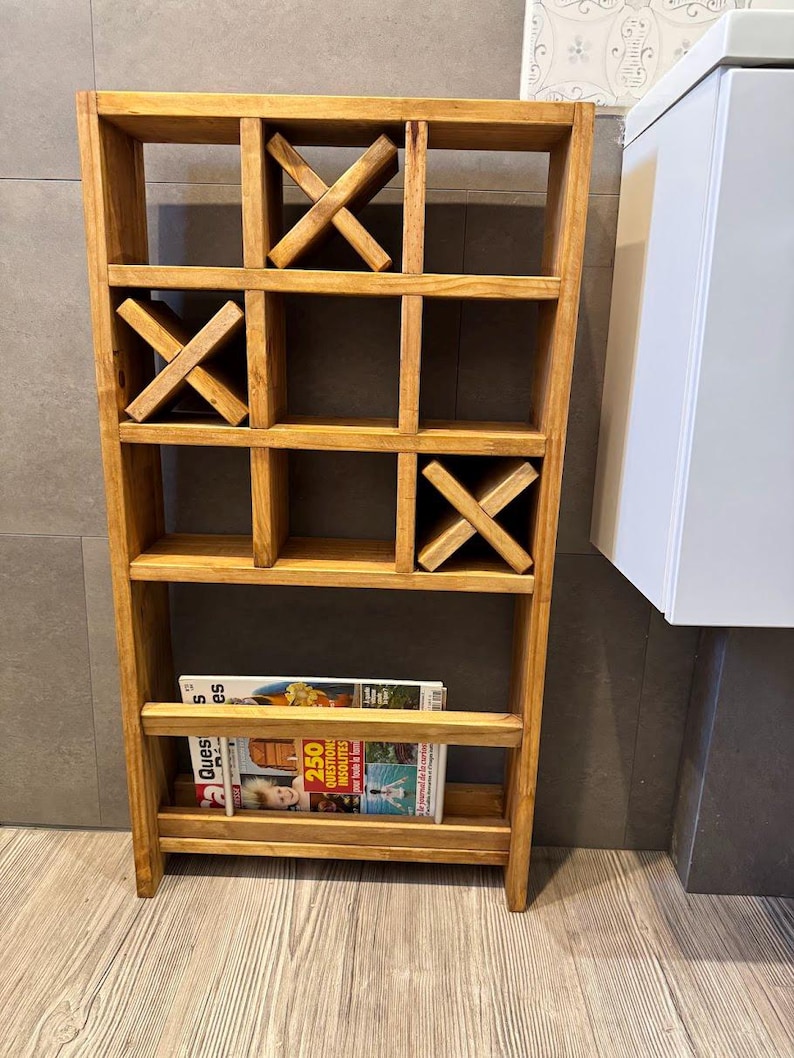 Wooden tic-tac-toe shelf - magazine rack - original toilet paper holder - playful toilet decor - handmade roll storage image 6