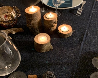 Set of 4 raw wood candle holders