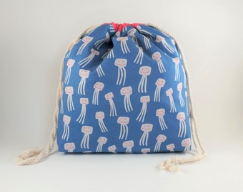 Medium drawstring project bag with inside pocket, made with cotton smiley fabric, for knitting and crochet, OOAK