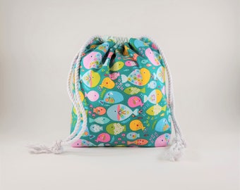 Small drawstring project bag with inside pocket, made with cotton fish print fabric, for knitting and crochet, OOAK