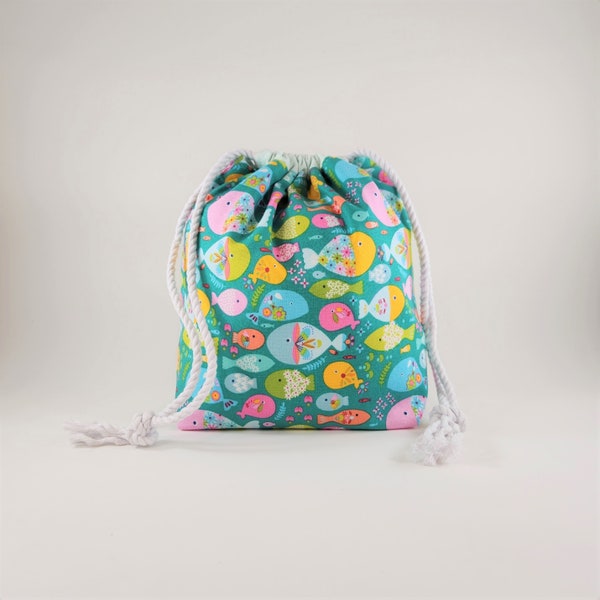 Small drawstring project bag with inside pocket, made with cotton fish print fabric, for knitting and crochet, OOAK