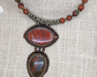 Handmade Jasper Pendant Necklace, Bronze Clasp, Statement Jewelry