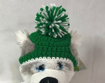 Dog Hat, Small dog Hat, Christmas Dog Hat, Crochet Knitted Dog Hat, PomPom Dog Hat, Green with White Trim and Mix PomPom