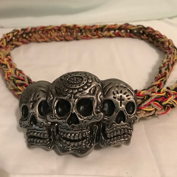 Triple Skull Belt Buckle Rasta 100% Natural Hemp Cord Braided Colored Hemp Twine Handmade 48" NEW