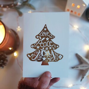 A6 Gold Foiled Tarjeta de Navidad- Tarjeta de felicitación de Navidad- Tarjeta de árbol de Navidad- Amor Paz Alegría