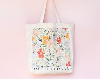 Joyful Florals Tote Bag- Cotton Tote Bag- Gussetted Tote Bag- Floral Bag with pocket- Shopper Bag- Beach Bag-tote bag con bolsillo interior