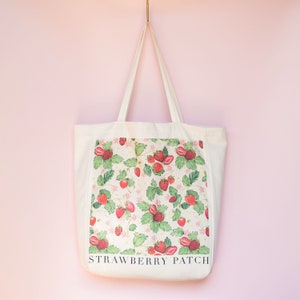 Strawberry Patch Tote Bag- Fruit Tote Bag- Shopping bag- Farmers market bag- Strawberries- Beach Bag- Cotton Large Bag- Tote Bag with pocket