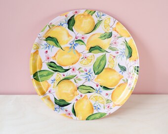 Citrus Limon Patterned Tray- Circle serving tray- lemon tray- melamine tray- display lemon fruit tray - picnic tray- garden party accessory