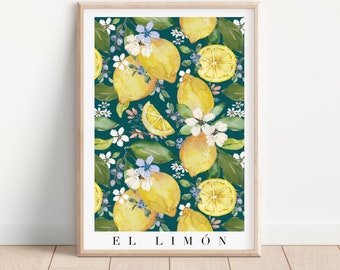 El limón Art print -  Navy Blue Lemon pattern Art Print - Fruit Kitchen print - Botanical floral fruit print -Italy A3, A4