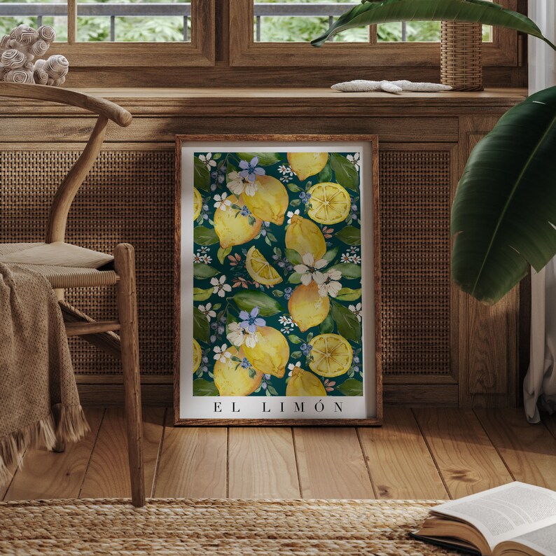 May include: A watercolor print of lemons and flowers on a dark teal background. The print is framed in a simple brown frame and has the text "EL LIM&Oacute;N" at the bottom.