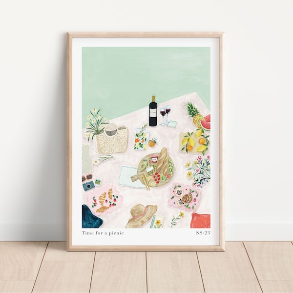 Time For a Picnic Art Print- Summer Picnic Still Life Painting - Wall Art for Kitchen - Wine Print Dining Wall Art A3,A4,A2