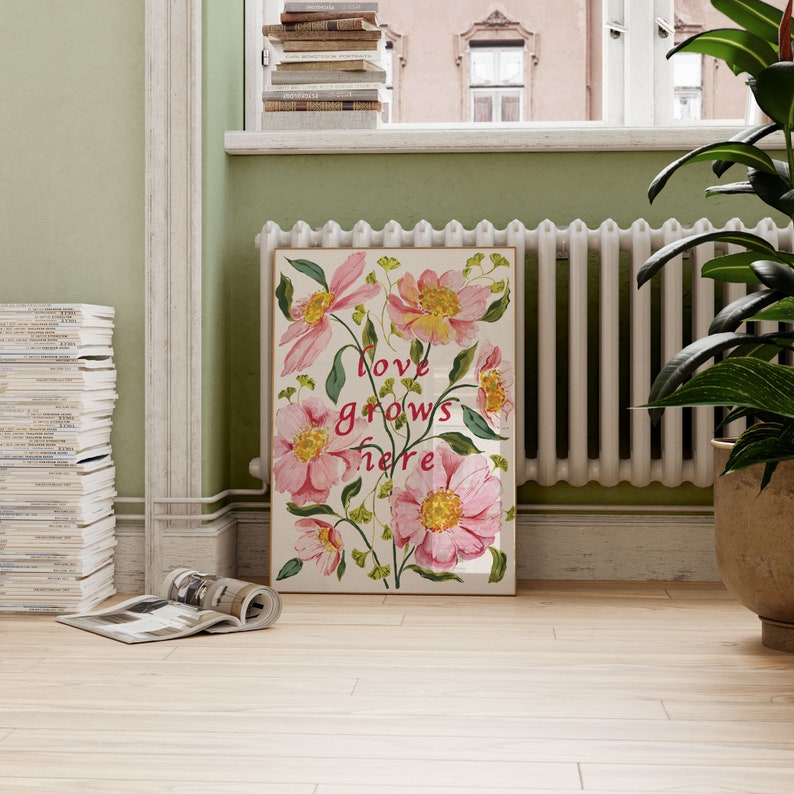 Love Grows Here Art Print pink Floral Print Art Print Etsy