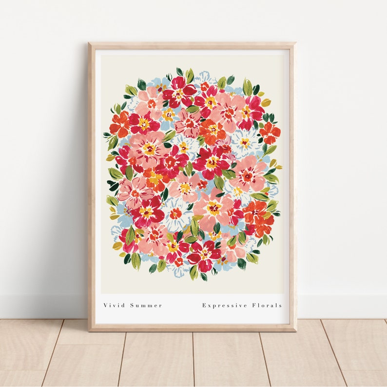 Vivid Summer art print. Bright and bold design with Pink and orange flower clusters and green leaves originally hand painted with gouache.