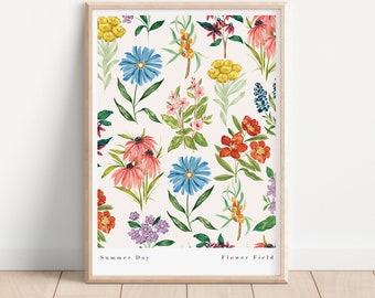 Summer Day Art Print- Floral Art Print- Mixed Wildflower print- Living room Decor- botanical artwork-maximalist flower poster A3, A4