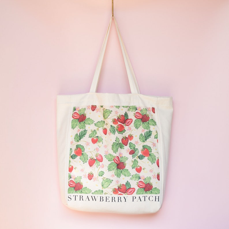 strawberry patch tote bag, gusset tote bag with an inner a5 pocket! Hand painted design by Ellie Mae.
