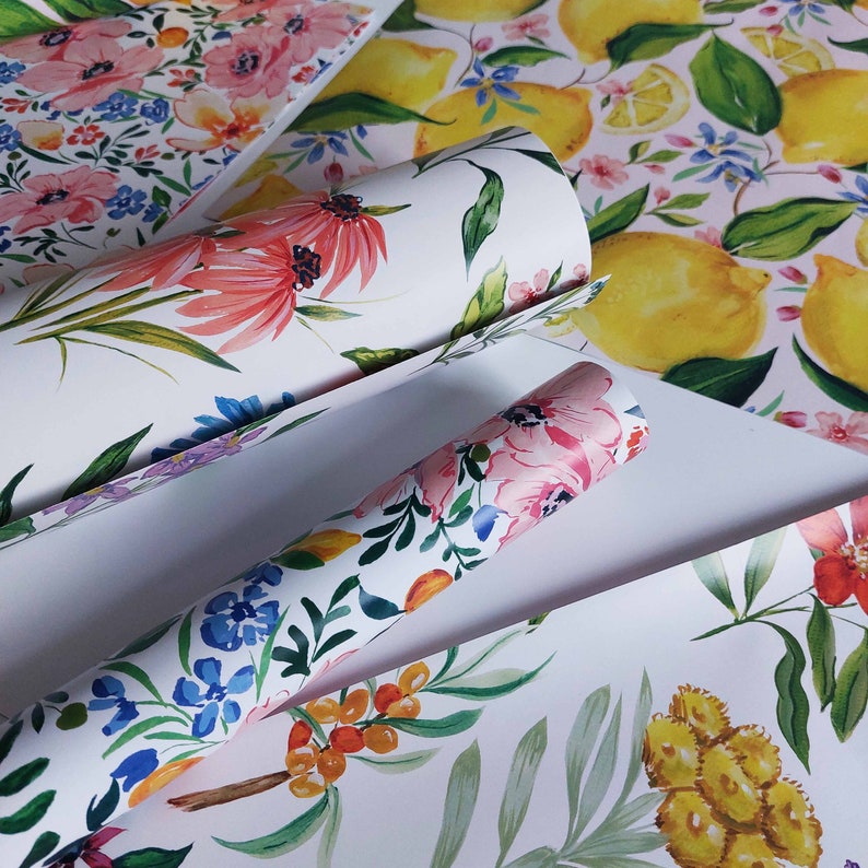 Set of 3 mixed patterned gift wrap sheets. floral, wildflower and lemon patterns