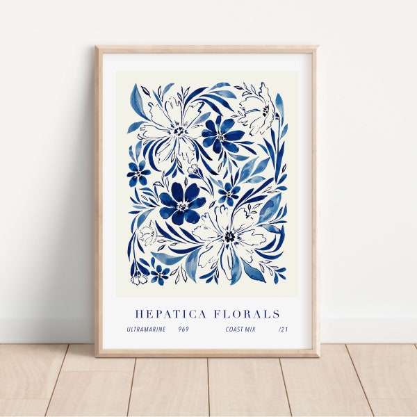 Hepatica Florals - Ink Floral print - Blue Ink Painting- Floral print-navy print- Bathroom Print- Living room Print A2,A3,A4