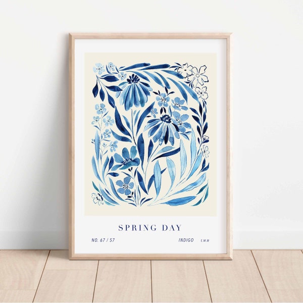 Spring Day - Ink Florals Art - Abstract Floral print- Blue wildflower Poster- Kitchen print - Living room print- Indigo Print