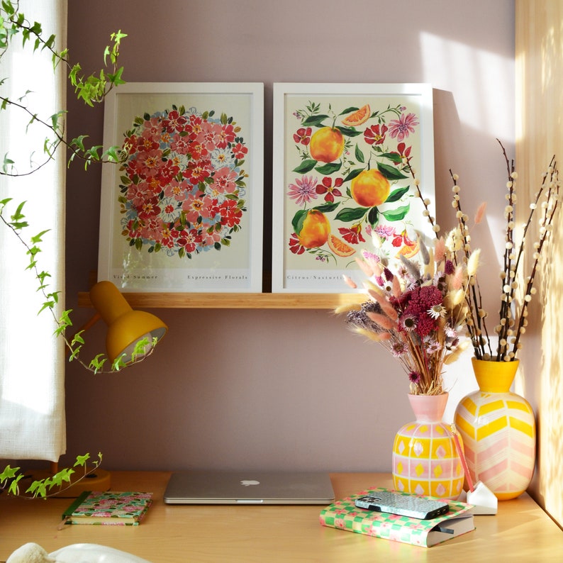 Vivid Summer art print in office space next to our sweet orange art print. Complimenting each other perfectly, fun fresh art prints to brighten your space.