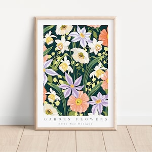 Garden Florals Art Print- Botanical Floral Wall Art - Moody dark Wildflower Poster - Daffodil Art- clematis art print- A3, A4