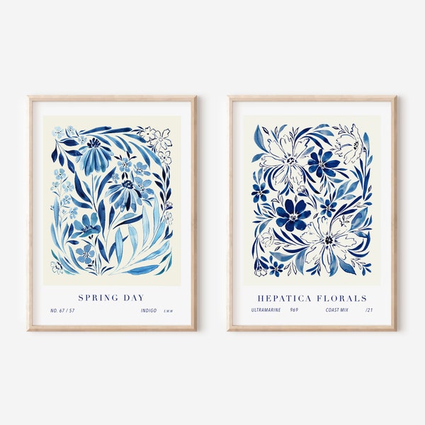 SET OF 2 PRINTS- Spring Day-Hepatica Florals - Ink Florals - Abstract print- Indigo Botanical print-Navy- Watercolour -A2,A3,A4