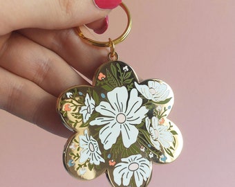 Flower Enamel Keyring- Gold Plated Keychain- Bag Accessories- Car Keyring- first car gift