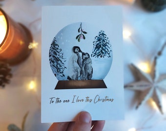 A6 Gold Foiled Snow Globe Christmas card- penguin card- For him- For her- Husband -Wife Christmas Card -To the one I love Card