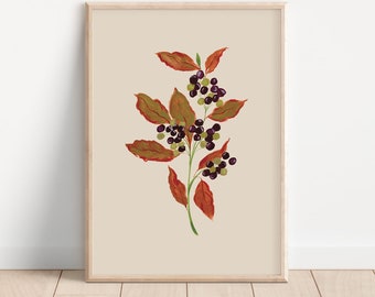 Autumn Berries Art Print- Neutral rustic Wall Art, Botanical Home Decor, Floral Print- Berry burnt orange A3,A4