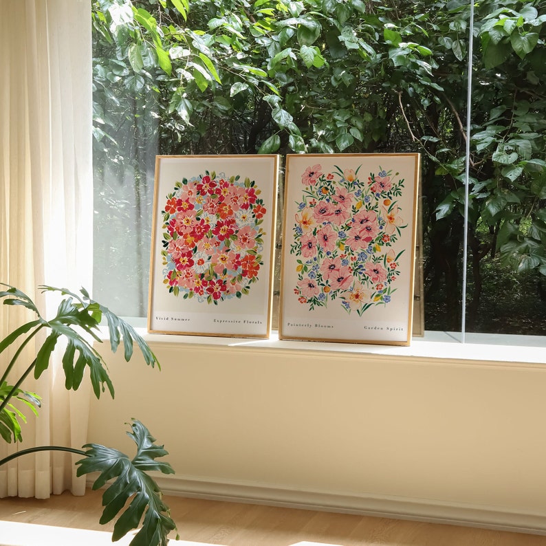 pink lilac wildflowers with little lemon and orange fruit amongst. Tiled Painterly blooms, Garden Spirit. Paired next to vivid summer art print, a bright burster cluster of pinks, orange and blue flowers with little green leaves.