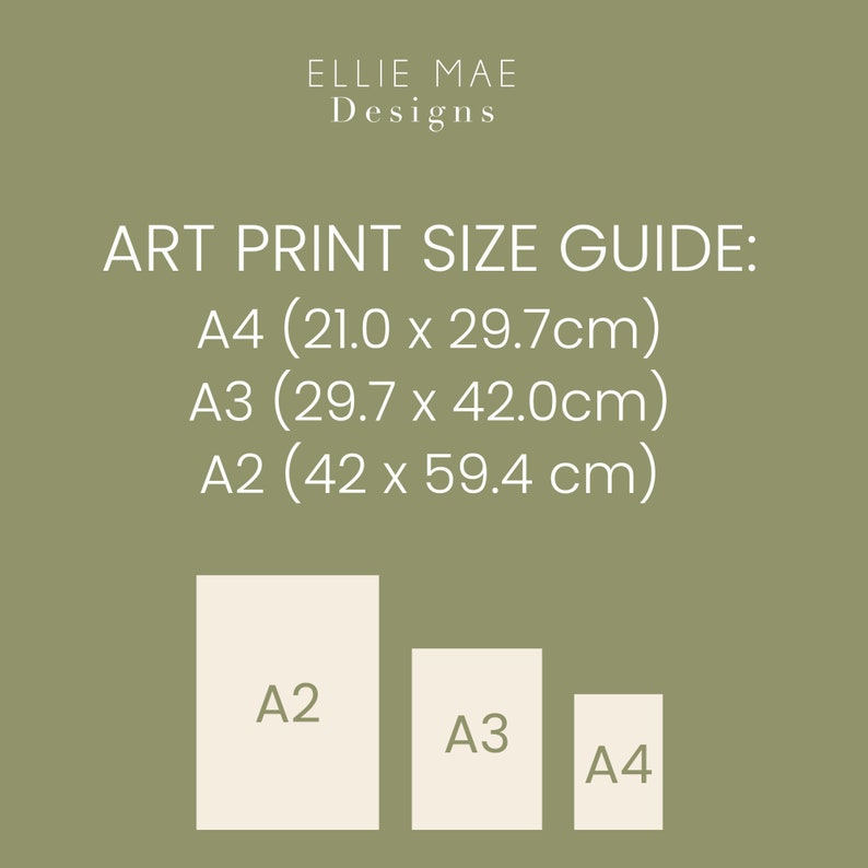 May include: A guide to art print sizes, showing the dimensions of A4, A3, and A2 paper sizes in centimeters. The image shows three white rectangles representing the different sizes, labeled A4, A3, and A2.