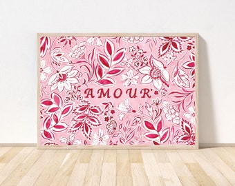 AMOUR Art Print - Floral Paisley wall art - Pink floral print- Love Print - Love you Print- french typography print- A3,A4