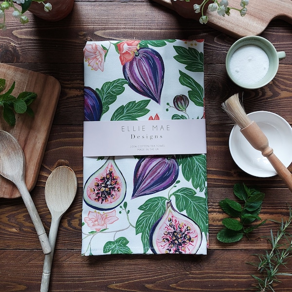 Floral Figs Tea Towel - Fig Tea Towel - Botanical Fruit Tea Towel- Kitchen Decor- 100% Cotton