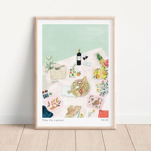 Time For a Picnic Art Print- Summer Picnic Still Life Painting - Wall Art for Kitchen - Wine Print Dining Wall Art A3,A4,A2