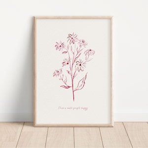 Flowers make people happy Art Print - Simple pink Line flower Poster- Pink Art print- Matisse A3,A4