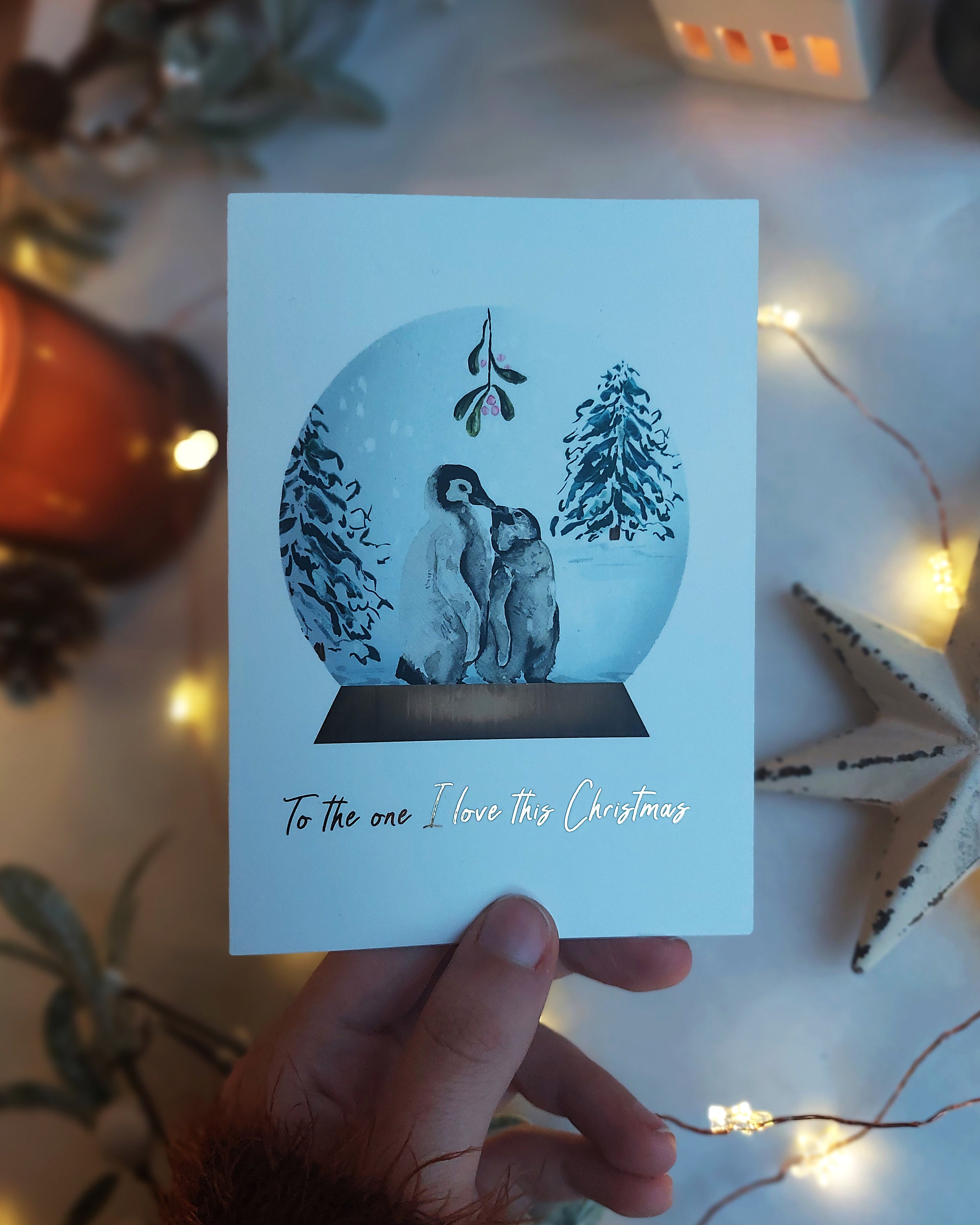 Biglietto di Natale personalizzato pinguino pattinaggio su ghiaccio