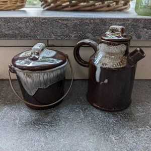 VTG Stoneware Chocolate Brown Gray White Drip Glaze Sugar Creamer Set Lid Lidded Japan EUC