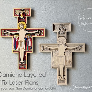 May include: Laser cut plans for a layered wooden crucifix inspired by the San Damiano icon. The plans include detailed instructions for assembling the crucifix. "San Damiano Layered Crucifix Laser Plans" and "Lasercut your own San Damiano icon crucifix" are written below the image. "Sincerely Taylor Made" and "Instant Digital Download" are written in the top right corner.