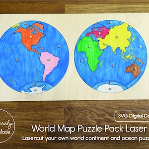 Wereldkaart Continent en Oceaan Puzzel Lasergesneden plannen - Direct digitaal downloaden