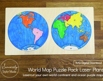 Mapa mundial Continente y Océano Puzzle Planes de corte láser - Descarga digital instantánea