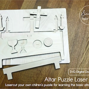 May include: Laser cut SVG digital download plans for an altar puzzle. The puzzle includes a chalice, paten, candles, and a crucifix. The text "Sincerely Taylor Made" is in the top right corner of the image.
