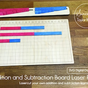 Könnte beinhalten: Ein hölzernes Additions- und Subtraktionsbrett mit einem Raster aus 20 Quadraten. Das Brett hat zwei Sätze von gleitenden Zahlensteinen, einen Satz in Rosa und einen Satz in Blau. Die Steine sind mit den Zahlen 1 bis 10 beschriftet. Das Brett ist mit "Addition and Subtraction Board Laser Plans" beschriftet.