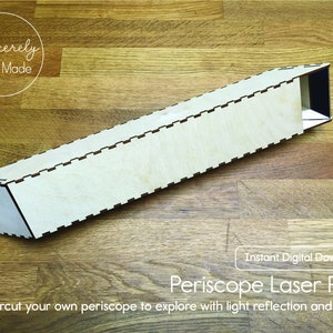 Puede incluir: Planos de corte láser para un periscopio de madera. Los planos son para un periscopio que se puede ensamblar para explorar la reflexión de la luz y los espejos. Los planos están disponibles para descargar digitalmente de forma instantánea.