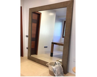 Large wooden wall mirror, tanned wall mirror, store mirror, reclaimed wood mirror, natural decoration, natural antique finish wood mirror
