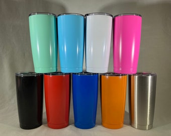 May include: Set of ten 20 oz stainless steel tumblers in various colors, including black, red, blue, orange, silver, mint green, light blue, white, and pink.