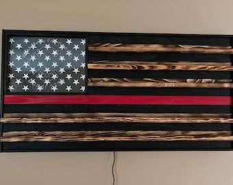 Amerikanische Flagge aus Holz, Feuerwehrmann, Polizei, Militär, Ruhestand, Münzdisplay, dünne rote Linie, dünne blaue Linie, LED