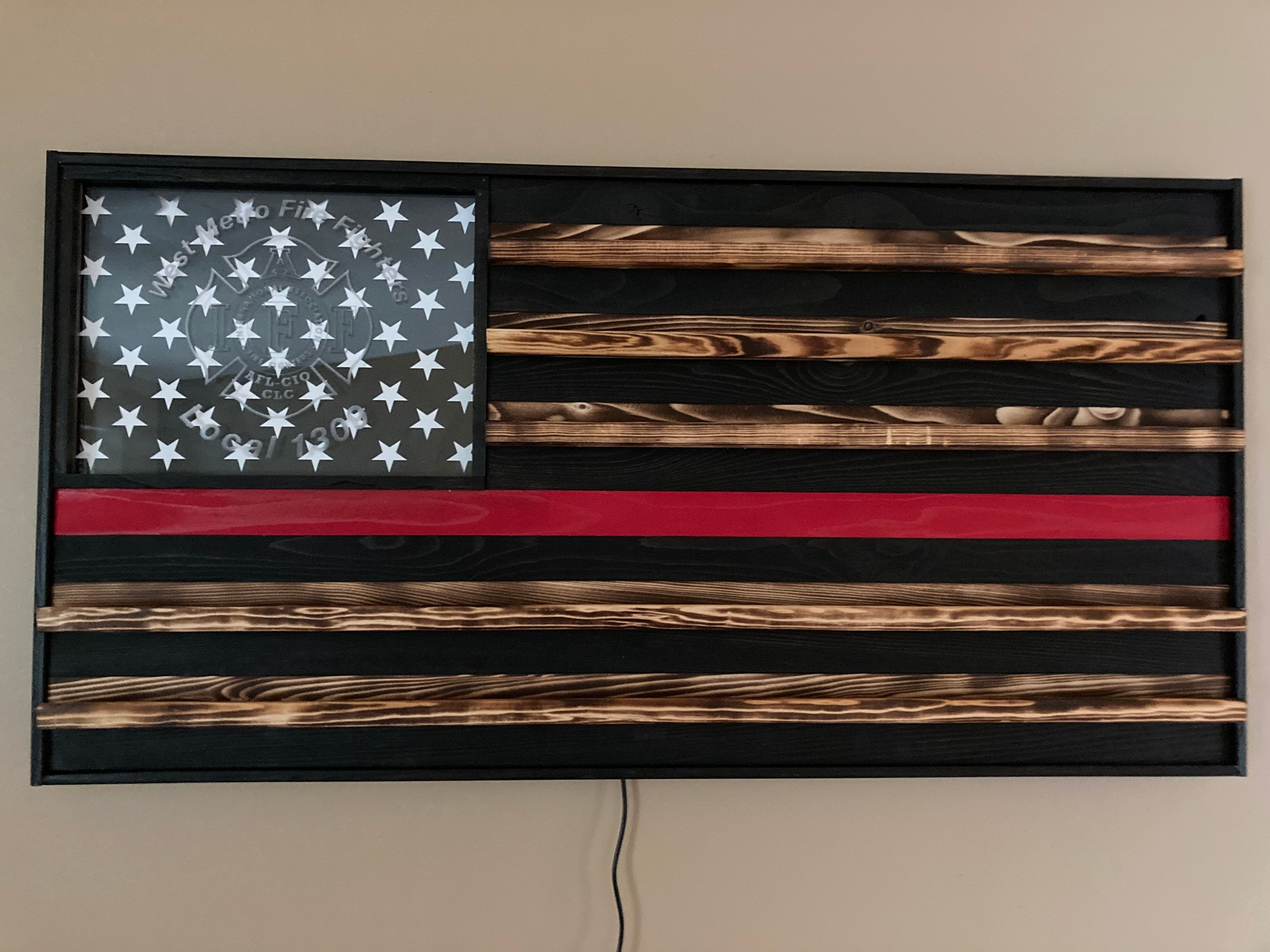 Wooden American Flag, Fire Fighter, Police, Military, Retirement, Coin Display, Thin Red Line, Thin Blue Line, LED
