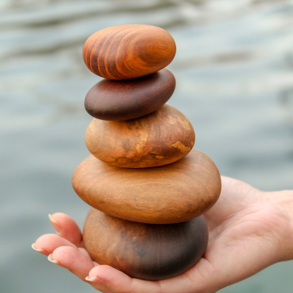 Wood Rock Cairn Sculpture: Calming Decor for Home or Office Gift. Set of 5 Assorted Urban Reclaimed Hardwoods.