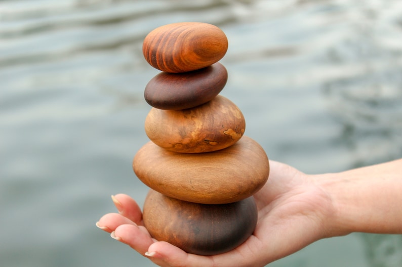 Assorted Stack of 5 Wood Rocks. Cairn stone stack, Rock sculpture, Anniversary gift, Birthday present, Interior decor, Beautiful Wood Rocks image 1