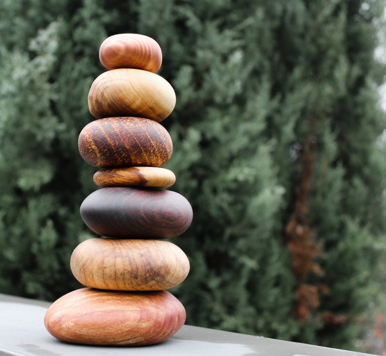 Assorted Stack of 7 Wood Rocks. Cairn stone stack, Rock sculpture, Anniversary gift, Birthday present, Interior decor, Beautiful Wood Rocks image 1