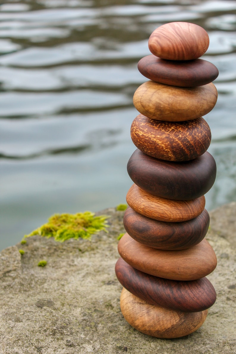 Assorted Stack of 10 Wood Rocks. Cairn rock stack, Rock sculpture, Anniversary gift, Birthday present, Interior decor, Beautiful Wood Rocks image 1